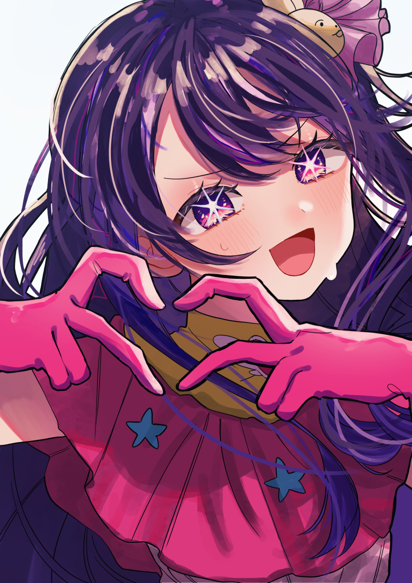 1girl absurdres blush brooch dress frilled_dress frills gloves hair_ornament heart heart_brooch heart_hands highres hoshino_ai_(oshi_no_ko) idol jewelry long_hair mui_(tqxg4) multicolored_eyes one_side_up open_mouth oshi_no_ko pink_dress pink_eyes pink_gloves purple_hair rabbit_hair_ornament sidelocks simple_background solo sweat swept_bangs turtleneck_dress violet_eyes white_background