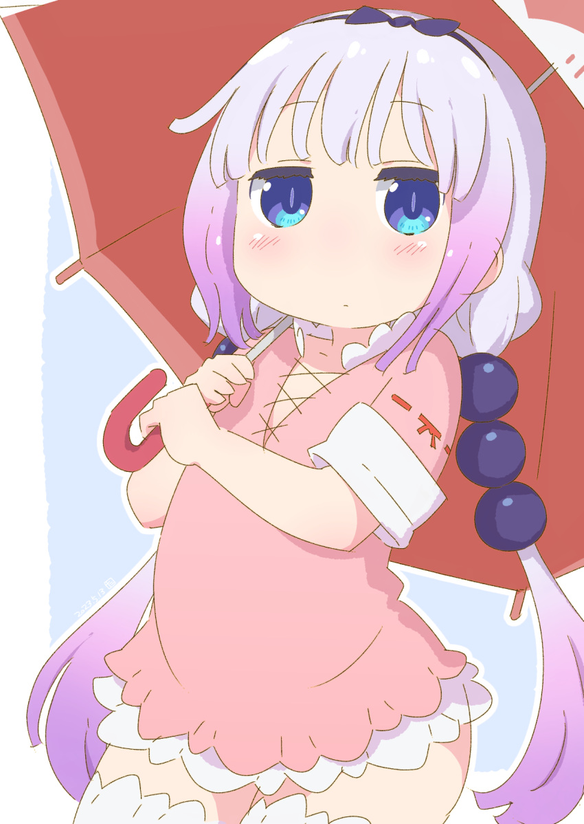 1girl beads blue_background blue_eyes border commentary_request cowboy_shot expressionless hair_beads hair_ornament hands_up highres holding holding_umbrella kanna_kamui kobayashi-san_chi_no_maidragon lace-trimmed_sleeves lace_trim long_hair looking_at_viewer outline red_shirt samansa_ex shirt slit_pupils solo thigh-highs twintails umbrella white_border white_outline