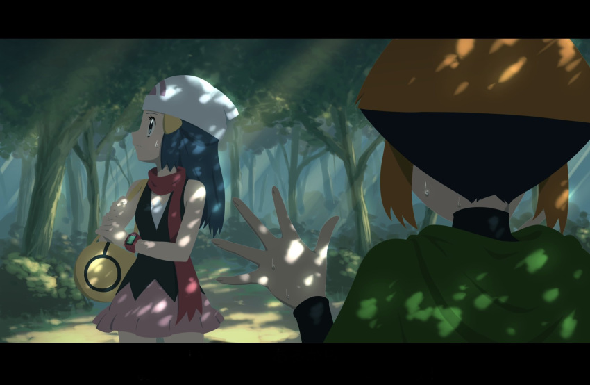 2girls bag beanie black_hair black_shirt bush capelet closed_mouth commentary_request day duffel_bag eyelashes gardenia_(pokemon) green_capelet hair_ornament hairclip hat highres hikari_(pokemon) holding_strap ia_(ilwmael9) light_rays long_hair looking_up multicolored_hair multiple_girls outdoors pink_skirt pokemon pokemon_(game) pokemon_dppt poketch scarf shirt skirt sleeveless sleeveless_shirt standing sweat sweatdrop tree two-tone_hair watch watch white_headwear yellow_bag