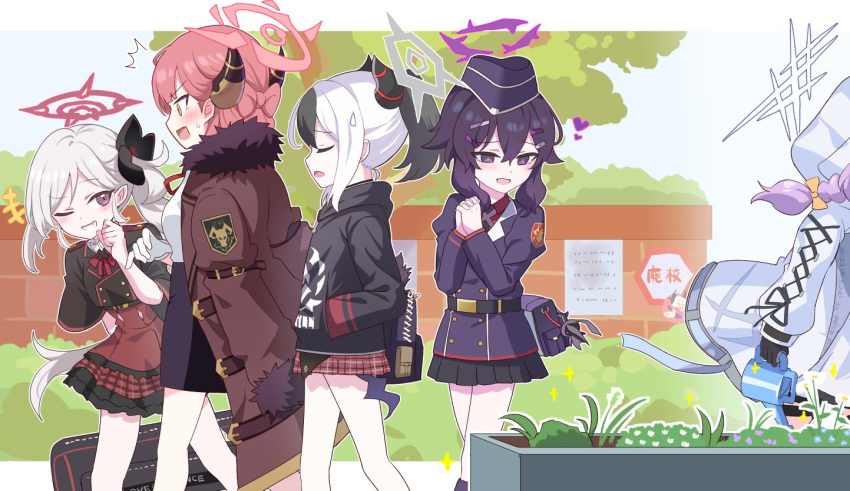 2windrill 5girls aru_(blue_archive) atsuko_(blue_archive) black_gloves black_hair black_hoodie black_skirt blue_archive braid closed_eyes coat demon_girl demon_horns demon_wings dress frilled_dress frills fur-trimmed_coat fur_trim gloves grey_halo grin hair_ornament hairclip halo hands_in_pockets haruka_(blue_archive) heart hood hood_down hood_up hooded_coat hoodie horns jacket kayoko_(blue_archive) long_sleeves medium_hair miniskirt multicolored_hair multiple_girls mutsuki_(blue_archive) one_eye_closed open_mouth out_of_frame outdoors own_hands_clasped own_hands_together pink_halo plaid plaid_skirt pleated_skirt ponytail problem_solver_68_(blue_archive) puffy_long_sleeves puffy_sleeves purple_hair purple_halo purple_headwear purple_jacket purple_skirt red_coat red_dress red_skirt redhead shirt short_hair short_sleeves side_ponytail sideways_mouth skirt smile sparkle two-tone_hair violet_eyes white_coat white_hair white_halo white_shirt wings yellow_eyes