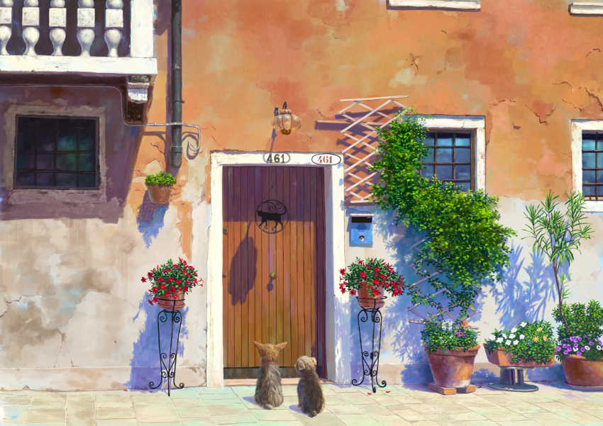 absurdres animal balcony building cat dappled_sunlight dog door flower highres house_number mailbox_(incoming_mail) no_humans original pei_(sumurai) plant potted_plant sapling shadow street_address sunlight vines water_pipe window wooden_door