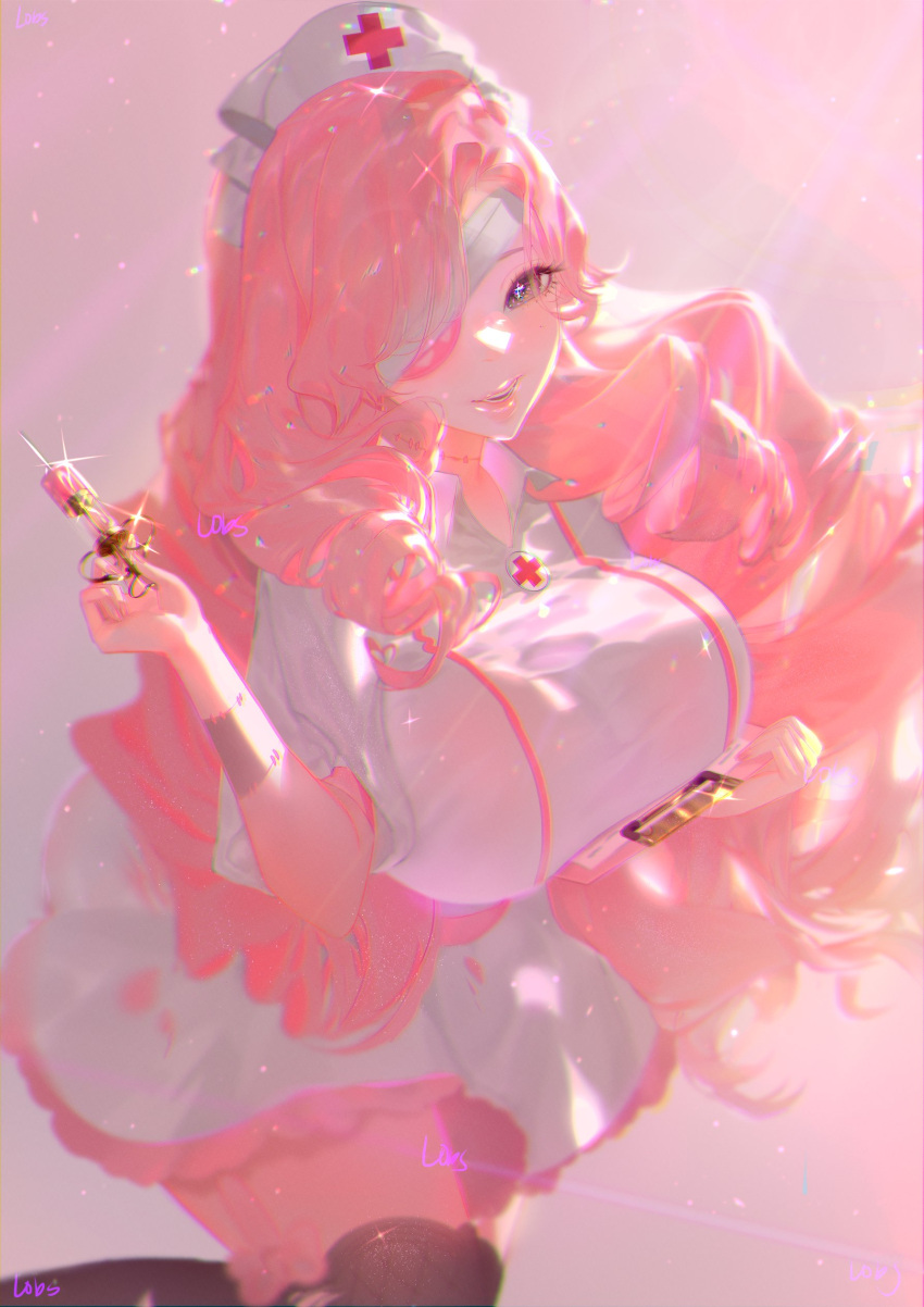1girl absurdres black_thighhighs breasts dress drill_hair eyepatch frilled_dress frills hat highres indie_virtual_youtuber kagome_(vtuber) large_breasts lobsie long_hair looking_at_viewer nurse nurse_cap pink_background pink_hair pink_theme puffy_short_sleeves puffy_sleeves short_sleeves smile stitched_arm stitched_neck stitches thigh-highs torn_clothes torn_dress undead white_headwear zombie