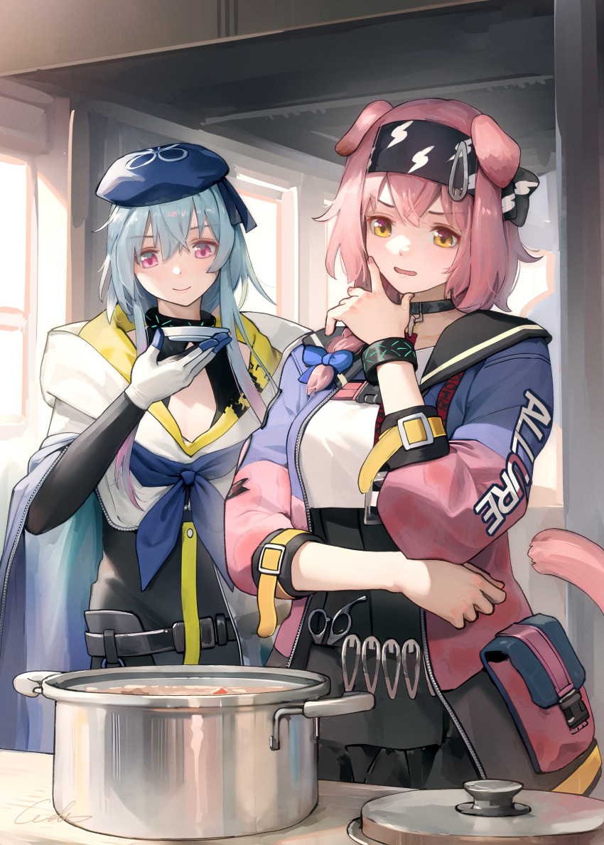 1boy 1girl absurdres animal_ears arknights black_bow black_choker black_hairband black_shirt black_skirt blue_bow blue_hair blue_headwear blue_jacket blue_neckerchief bow braid breasts cat_ears cat_girl cat_tail choker clothes_writing cooking cooking_pot day floppy_ears gloves goldenglow_(arknights) hair_bow hair_ornament hairband hairclip hand_on_own_chin hat high-waist_skirt highres indoors infection_monitor_(arknights) jacket lid lightning_bolt_print long_hair mizuki_(arknights) multicolored_clothes multicolored_jacket neckerchief otoko_no_ko pink_eyes pink_hair pink_jacket pouch print_bow print_hairband scissors shirt short_hair skirt small_breasts sunlight tail thinking two-tone_jacket upper_body welt_(kinsei_koutenkyoku) white_gloves white_shirt window