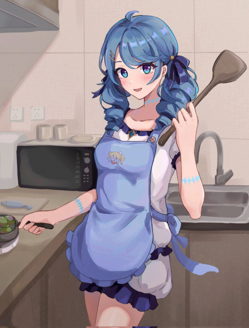 1girl :d ahoge alternate_costume black_ribbon blue_eyes blue_hair blush breasts collarbone cowboy_shot drill_hair frilled_shorts frills grey_shirt grey_shorts gwen_(league_of_legends) hair_ornament hair_ribbon hairclip hand_up highres holding holding_spatula indoors kitchen kureko0w0 league_of_legends low_twintails microwave poppy_(league_of_legends) ribbon shirt short_sleeves shorts sink small_breasts smile solo spatula tile_wall tiles twin_drills twintails