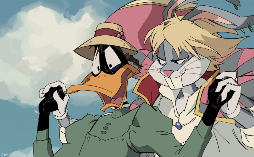 2boys bird blue_sky buck_teeth bugs_bunny clouds cloudy_sky cosplay crossdressing crossover daffy_duck duck duck_boy furry furry_male highres holding_hands howl's_moving_castle_(novel) howl_(howl_no_ugoku_shiro) howl_(howl_no_ugoku_shiro)_(cosplay) howl_no_ugoku_shiro looney_tunes lumise05 multiple_boys rabbit sky sophie_(howl_no_ugoku_shiro) teeth whiskers