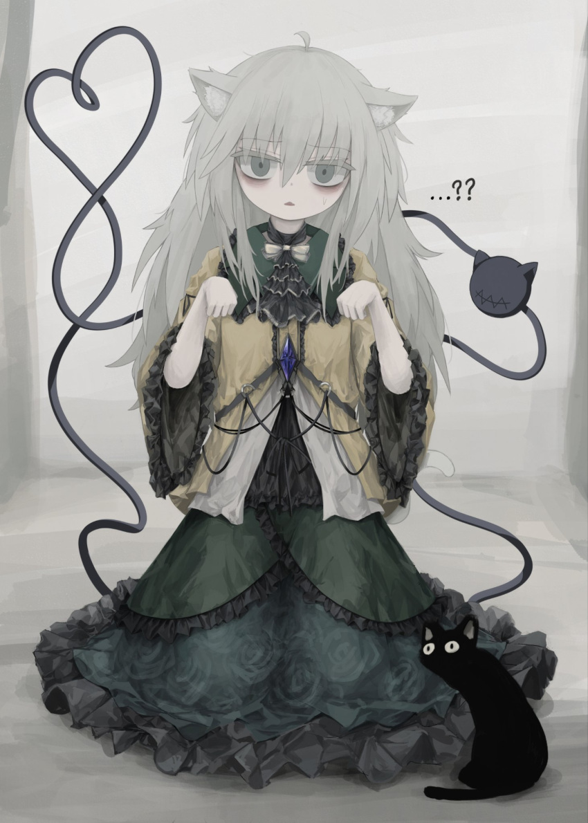 1girl ahoge animal_ears bags_under_eyes black_cat blouse bow bowtie buttons cat cat_ears cat_girl cat_tail diamond_button frilled_shirt_collar frilled_skirt frilled_sleeves frills green_skirt grey_eyes grey_hair heart heart_of_string highres komeiji_koishi long_hair looking_at_viewer messy_hair paw_pose reverinth shirt sitting skirt solo straight-on sweatdrop tail third_eye touhou wide_sleeves yellow_bow yellow_shirt