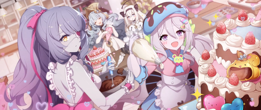 4girls :d android apron artist_request backless_dress backless_outfit bare_back bare_shoulders beret blue_eyes blue_hair blue_skirt blush bow cake chocolate closed_eyes closed_mouth clothing_cutout cream doll_joints dress elbow_gloves eversoul eyepatch food frilled_apron frills fruit game_cg gloves hair_between_eyes hair_bow hair_ornament hairband hairclip hat headdress heart high_ponytail highres holding holding_spoon icing indoors jacqueline_(eversoul) joints kitchen long_hair looking_at_another looking_at_viewer mephistopheles_(eversoul) multiple_girls neck_garter non-web_source official_alternate_costume official_alternate_hairstyle official_art one_eye_covered open_mouth pale_skin pink_dress pink_shirt rebecca_(eversoul) ribbon shirt short_sleeves shoulder_cutout skirt smile sparkle spoon strawberry table third-party_source valentine violet_eyes waist_apron white_apron white_dress white_gloves white_hair yellow_eyes yuria_(eversoul)