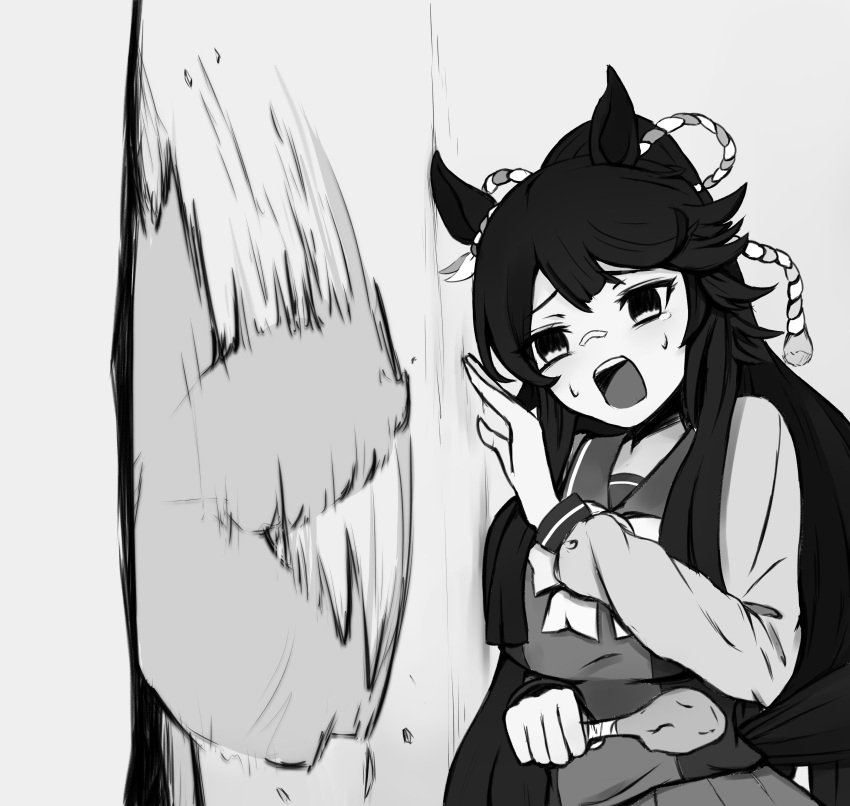 1girl absurdres animal_ears bandaid bandaid_on_face bandaid_on_nose bow bowtie breaking chicken_leg commentary food greyscale hatinanasan8787 here's_johnny!_(meme) high_ponytail highres holding holding_food horse_ears horse_girl long_hair long_sleeves meme monochrome motion_blur narita_brian_(umamusume) open_mouth sailor_collar sailor_shirt scared scene_reference school_uniform shirt short_hair sidelocks solo_focus sweat the_shining tracen_school_uniform umamusume upper_body winter_uniform