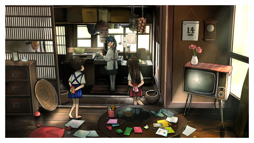 3girls akagi_(kancolle) apron barefoot black_hair black_hakama blue_eyes blue_hakama brown_hair calendar_(object) cup cushion floor flower food hakama hakama_skirt highres houshou_(kancolle) indoors japanese_clothes kaga_(kancolle) kantai_collection kappougi ladle long_hair multiple_girls open_mouth pantyhose paper pink_flower ponytail red_hakama scissors senbei side_ponytail skirt tasuki television timmyyen wagashi white_pantyhose yunomi zabuton