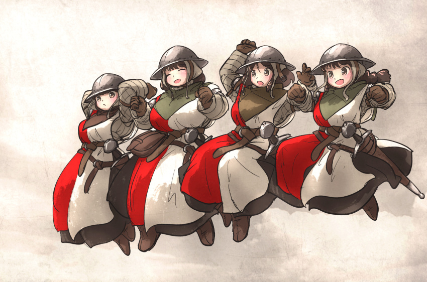 4girls armor boots brown_hair full_body gambeson gloves helmet highres ironlily jumping k-on! kettle_helm long_hair medieval mid_neutral_sister_(ironlily) multiple_girls ordo_mediare_sisters_(ironlily) parody scabbard sheath single_braid_sister_(ironlily) sister-at-arms_(ironlily) sword twin_braids_sister_(ironlily) weapon