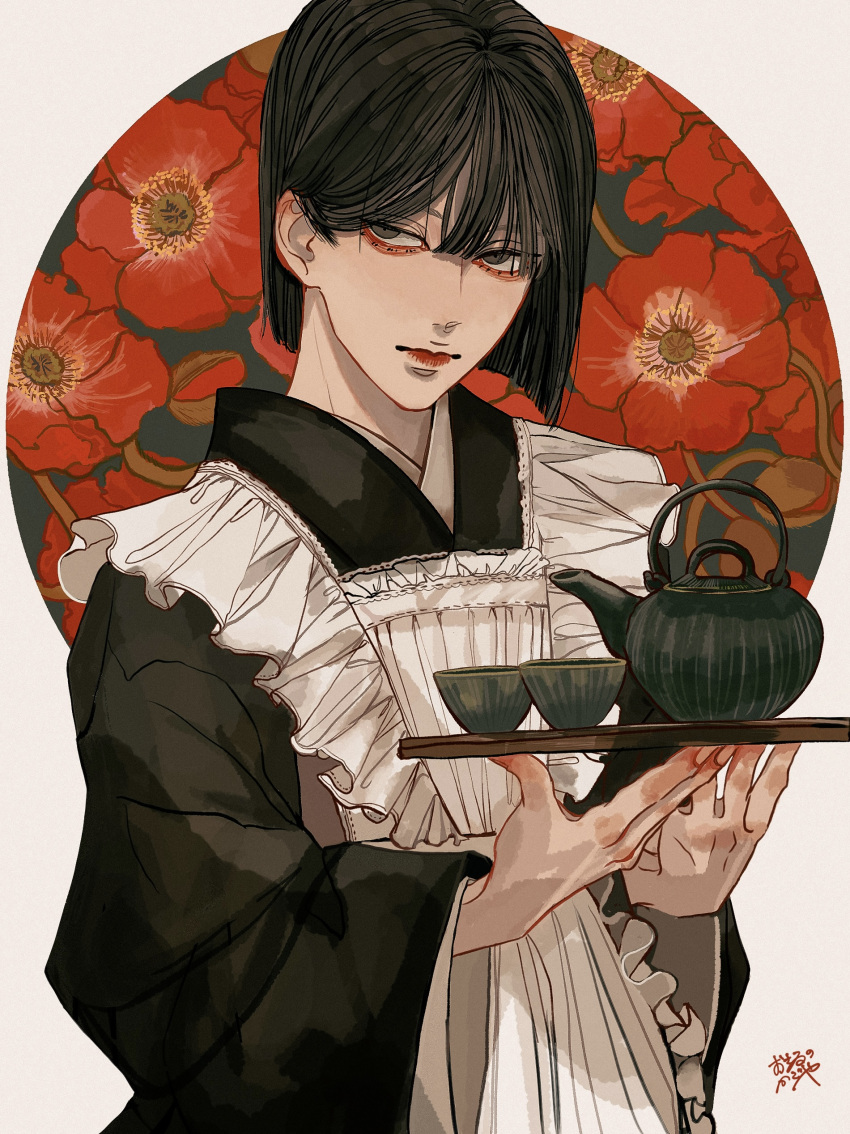 1boy absurdres androgynous apron bishounen black_eyes black_hair black_kimono bob_cut closed_mouth commentary crossdressing cup floral_background flower frilled_apron frills hair_behind_ear highres holding holding_tray japanese_clothes kagoya1219 kimono long_bangs long_sleeves looking_at_viewer maid_apron maid_day male_focus original red_flower short_hair signature solo standing teacup teapot tray upper_body wa_maid white_apron wide_sleeves