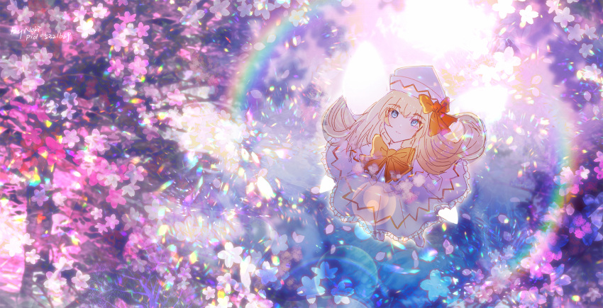 1girl blonde_hair blue_eyes bow bowtie cherry_blossoms closed_mouth commentary dress english_commentary flower full_body highres light light_particles lily_white long_hair long_sleeves moenoki outdoors pink_flower pixiv_id rainbow red_bow red_bowtie signature smile solo sunlight touhou white_dress white_headwear