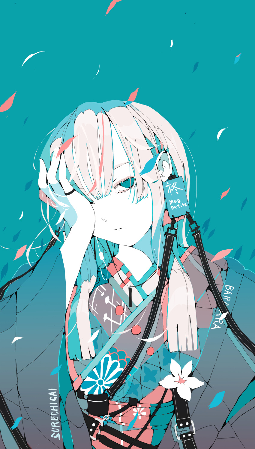 1girl absurdres blue_background blue_eyes buckle closed_mouth commentary_request covering_one_eye ear_piercing expressionless falling_leaves floral_print flower hand_on_own_face haori head_tilt highres japanese_clothes jewelry kimono leaf long_bangs long_hair long_sleeves looking_at_viewer multicolored_clothes multicolored_hair multicolored_kimono no_pupils nocopyrightgirl obi original pale_skin piercing redhead ring sash sidelocks solo streaked_hair upper_body white_flower white_hair wide_sleeves