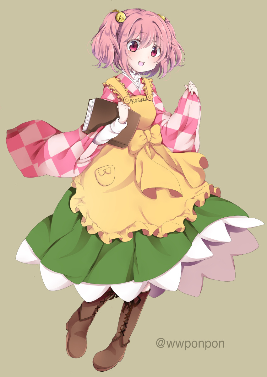 1girl :d absurdres apron bell book brown_background brown_footwear character_name checkered_clothes checkered_kimono clothes_writing commentary_request commission cross-laced_footwear full_body green_skirt hair_bell hair_ornament highres holding holding_book japanese_clothes kimono long_sleeves looking_at_viewer motoori_kosuzu open_mouth ponta_(wwtaimeww) red_eyes redhead simple_background skirt smile solo touhou twitter_username two_side_up wide_sleeves yellow_apron