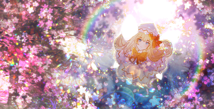 1girl blonde_hair blue_eyes bow bowtie cherry_blossoms closed_mouth commentary dress english_commentary flower full_body highres light light_particles lily_white long_hair long_sleeves moenoki outdoors pink_flower pixiv_id rainbow red_bow red_bowtie signature smile solo sunlight touhou white_dress white_headwear