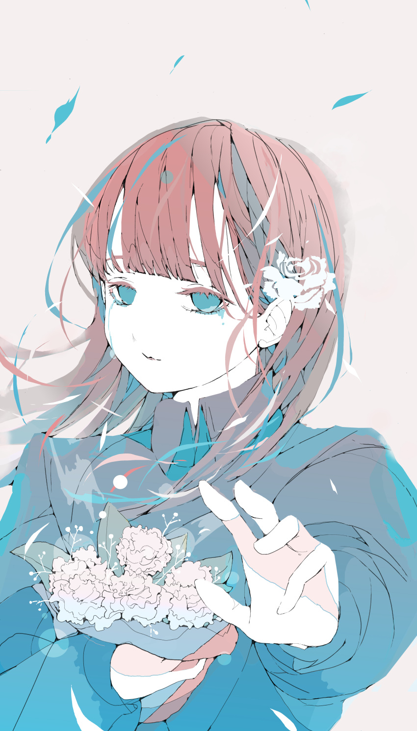 1girl absurdres blue_eyes blue_shirt blunt_bangs brown_hair collared_shirt commentary_request crying crying_with_eyes_open falling_leaves flower hair_flower hair_ornament highres holding holding_flower leaf long_sleeves looking_at_viewer no_pupils nocopyrightgirl open_hand original outstretched_arm pale_skin parted_lips reaching shirt sleeve_cuffs solo tears upper_body white_background white_flower