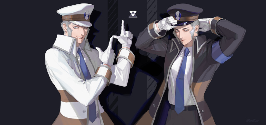2boys absurdres adjusting_clothes adjusting_headwear arms_up artist_name black_coat black_headwear black_pants brothers closed_mouth coat collared_coat collared_shirt commentary cowboy_shot emmet_(pokemon) english_commentary gloves grey_eyes grey_hair grin hands_up hat high_collar highres ingo_(pokemon) long_sleeves looking_at_viewer male_focus multiple_boys open_clothes open_coat open_mouth pants peaked_cap pokemon pokemon_(game) pokemon_bw shirt siblings sideburns smile striped_coat transparent_background twins vexxxxa white_coat white_gloves white_headwear white_pants white_shirt