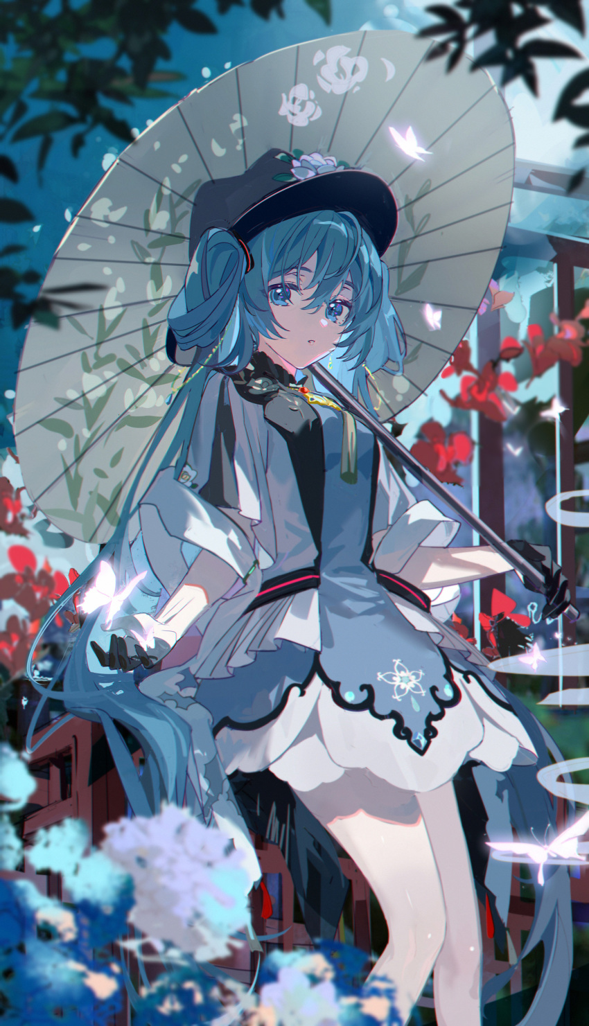 1girl absurdly_long_hair absurdres aqua_dress aqua_eyes aqua_hair black_gloves black_headwear bug butterfly chinese_clothes cupping_hand dress flower gloves hair_between_eyes hair_rings hair_spread_out half_gloves hat hat_flower hatsune_miku highres hitokoto holding holding_umbrella jasmine_(flower) knees_together_feet_apart leaf long_hair looking_at_viewer miku_with_you_(vocaloid) official_alternate_costume oil-paper_umbrella outdoors parted_lips solo twintails umbrella very_long_hair vocaloid