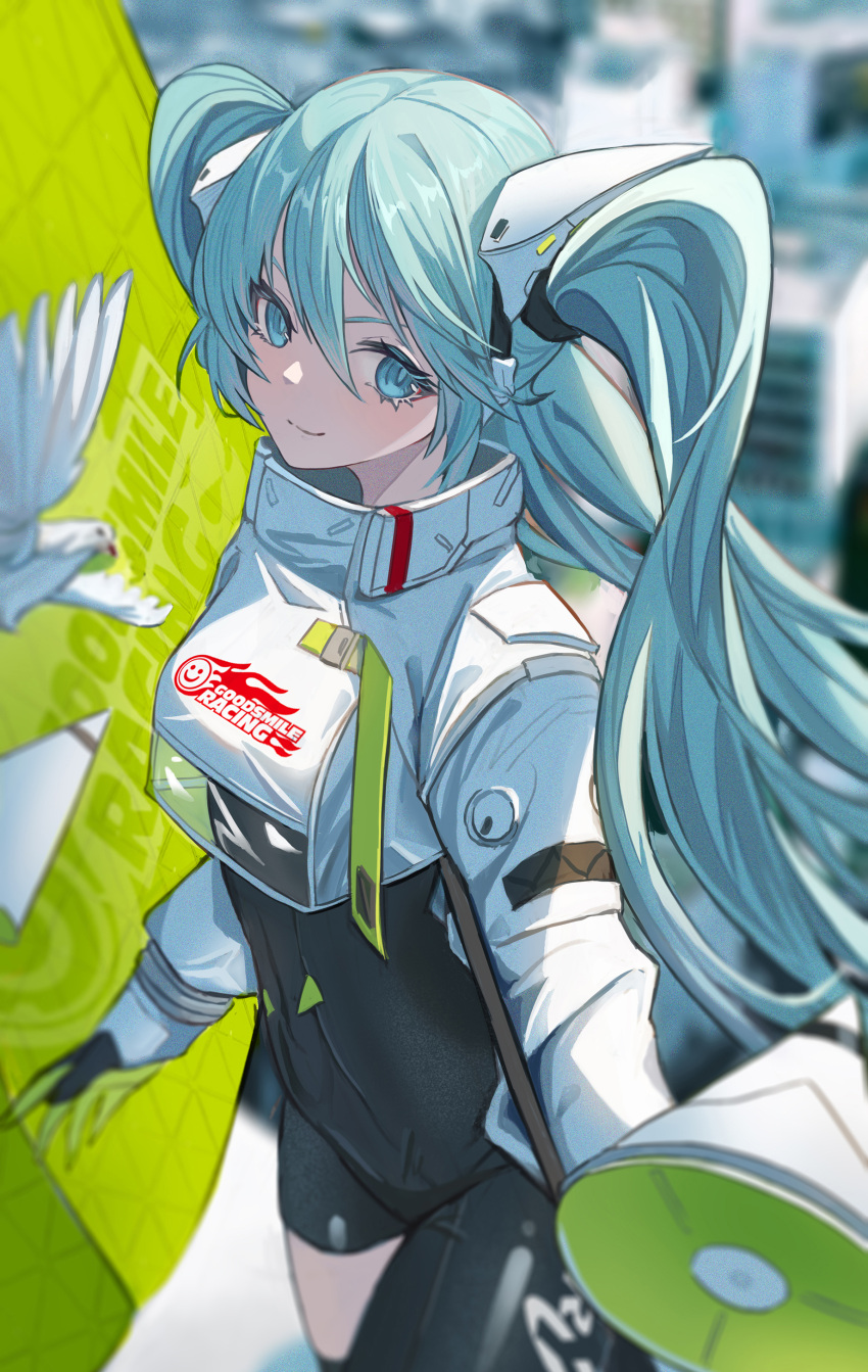1girl absurdres black_bodysuit black_thighhighs bodysuit green_eyes green_hair hatsune_miku highres holding holding_megaphone long_hair looking_at_viewer megaphone racing_miku racing_miku_(2022) scalo single_thighhigh solo thigh-highs twintails vocaloid