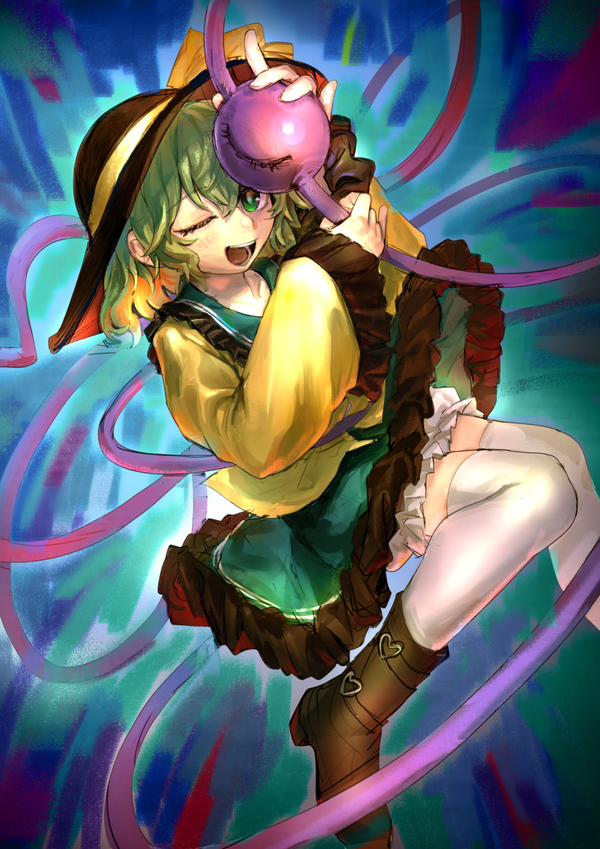 1girl absurdres ankle_boots black_footwear black_headwear bloomers blush boots brown_footwear collared_shirt commentary_request eyeball frilled_shirt_collar frilled_skirt frilled_sleeves frills full_body green_eyes green_hair green_skirt hair_between_eyes hakonnbo hat hat_ribbon highres koishi_day komeiji_koishi long_bangs long_sleeves looking_at_viewer medium_hair one_eye_closed open_mouth ribbon shirt short_hair skirt smile solo thigh-highs third_eye touhou underwear white_bloomers white_thighhighs wide_sleeves yellow_ribbon yellow_shirt