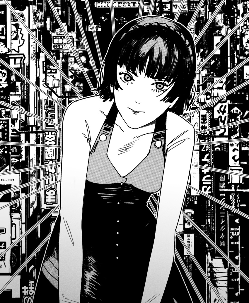 1girl absurdres braid breasts commentary crown_braid dress emphasis_lines highres hunched_over long_dress niijima_makoto persona persona_5 short_hair sign small_breasts smile solo upper_body xyanaid