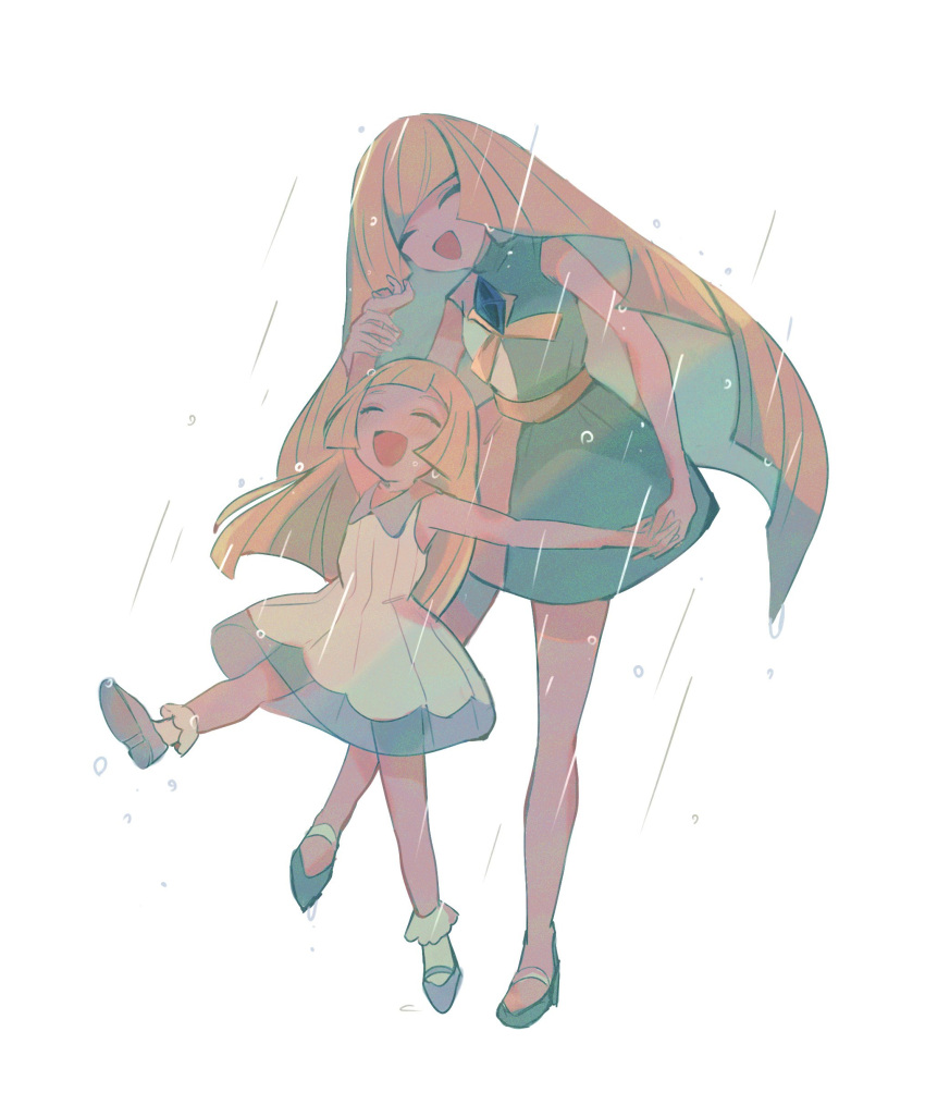 2girls :d absurdres affectionate anzu_(01010611) bare_arms blonde_hair blunt_bangs collared_dress commentary_request dress green_dress green_footwear happy highres holding_hands lillie_(pokemon) long_hair lusamine_(pokemon) mother_and_daughter multiple_girls open_mouth pokemon pokemon_(game) pokemon_sm rain see-through shoes short_dress sleeveless sleeveless_dress smile socks sundress white_background white_dress