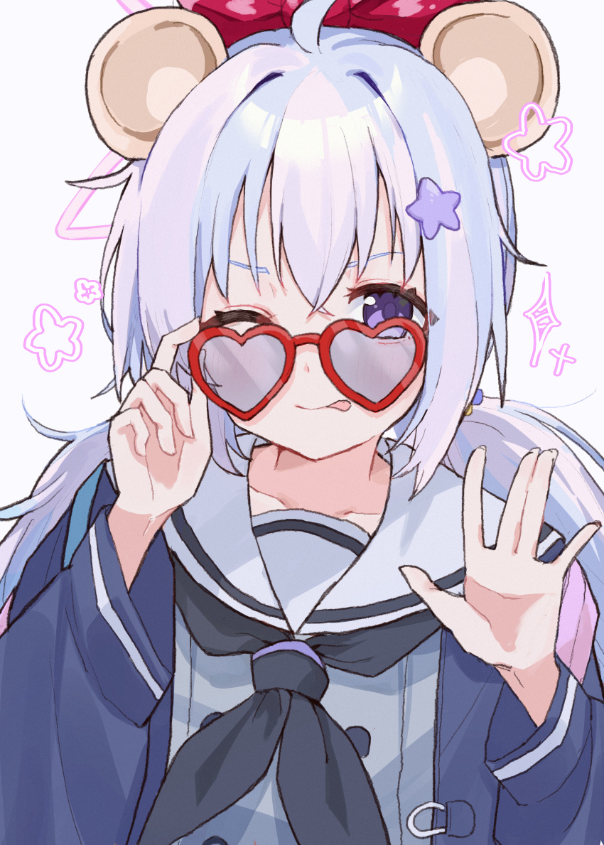 1girl ;p absurdres adjusting_eyewear ahoge animal_ears black_jacket black_neckerchief blue_archive blue_hair bow buttons closed_mouth collarbone commentary_request crossed_bangs double-breasted eyelashes glasses grey_serafuku hair_between_eyes hair_bow hair_ornament hands_up haruharu_sensei heart heart-shaped_eyewear highres jacket long_hair long_sleeves looking_at_viewer low_twintails mouse_ears multicolored_hair neckerchief one_eye_closed open_clothes open_jacket pink_hair red-framed_eyewear red_bow reisa_(blue_archive) sailor_collar school_uniform serafuku sidelocks simple_background smile solo sparkle star_(symbol) star_hair_ornament streaked_hair tongue tongue_out twintails upper_body violet_eyes white_background white_sailor_collar