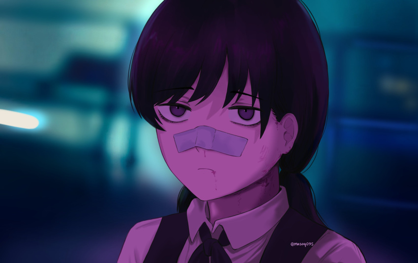 1girl absurdres bandaid bandaid_on_face bandaid_on_nose black_hair blade_runner_2049 blood blood_on_face blurry blurry_background chainsaw_man dress fourth_east_high_school_uniform goslingposting highres long_hair looking_at_viewer low_twintails masoq095 meme mitaka_asa neon_palette pinafore_dress scene_reference school_uniform sleeveless sleeveless_dress solo twintails twitter_username