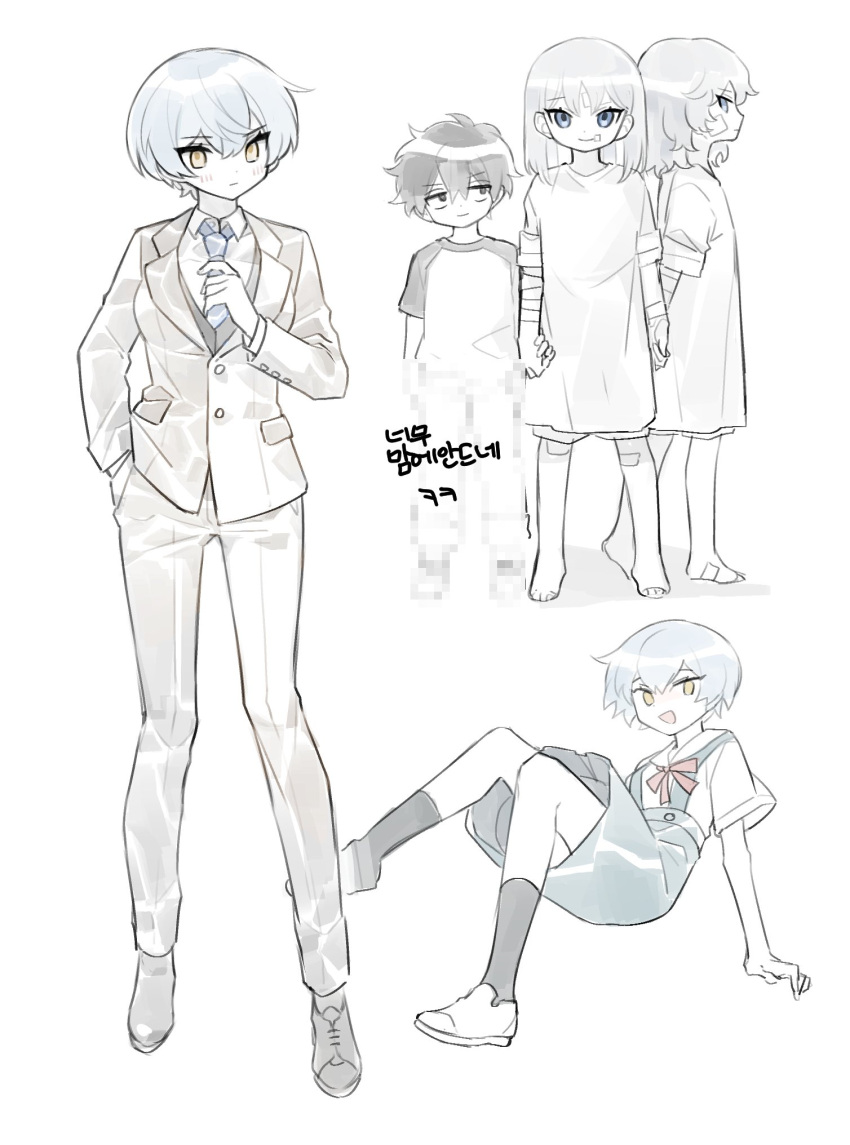 2boys 2girls aged_down angela_(project_moon) angelica_(library_of_ruina) argalia_(library_of_ruina) ayanami_rei ayanami_rei_(cosplay) bandages black_socks blue_eyes blue_hair blue_necktie blue_skirt brother_and_sister cosplay dress formal grey_vest highres jacket library_of_ruina looking_to_the_side multiple_boys multiple_girls multiple_views necktie neon_genesis_evangelion onioncrackerv3 pants project_moon roland_(library_of_ruina) school_uniform shirt shoes siblings simple_background skirt socks suit tokyo-3_middle_school_uniform vest white_background white_dress white_footwear white_hair white_jacket white_pants white_shirt white_suit yellow_eyes