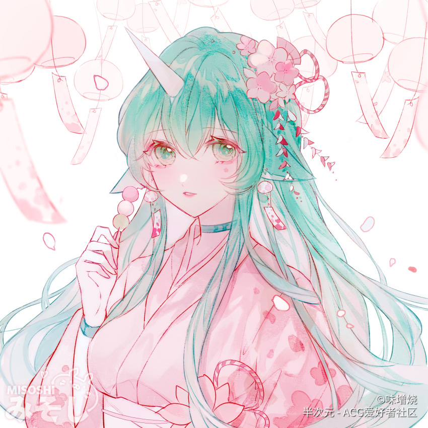 1girl animal_ears artist_name choker dango earrings flower food green_eyes green_hair hair_flower hair_ornament highres holding holding_food horns japanese_clothes jewelry kimono league_of_legends looking_at_viewer miso_yaki pink_kimono single_horn solo soraka_(league_of_legends) upper_body wagashi watermark wind_chime wristband