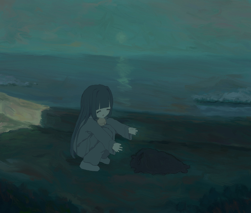 1girl absurdres bell black_hair blunt_bangs closed_eyes creature full_body hair_intakes highres jingle_bell light_blush long_hair long_sleeves neck_bell night ocean open_mouth original outdoors outstretched_arms oyu pajamas shore sidelocks slippers smile squatting tareme waves