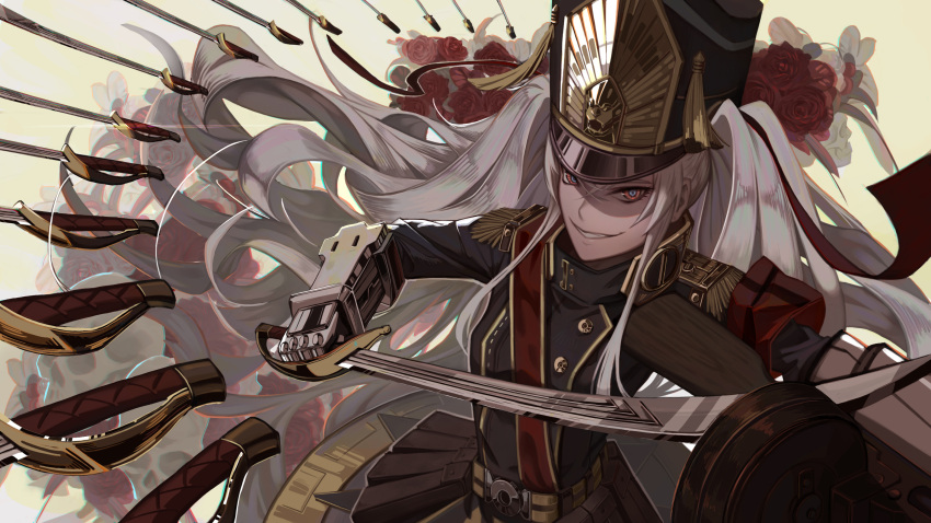 1girl altair_(re:creators) blue_eyes chromatic_aberration epaulettes floating floating_object floating_sword floating_weapon flower gauntlets gloves gntquan grin gun hair_between_eyes hat highres holding jacket long_hair looking_at_viewer metal_gloves military military_hat military_jacket military_uniform multicolored_eyes multiple_swords ppsh-41 re:creators red_eyes red_flower red_rose ribbon ringed_eyes rose saber_(weapon) shako_cap sidelocks simple_background smile solo submachine_gun sword two-tone_eyes uniform upper_body very_long_hair weapon white_hair yellow_background