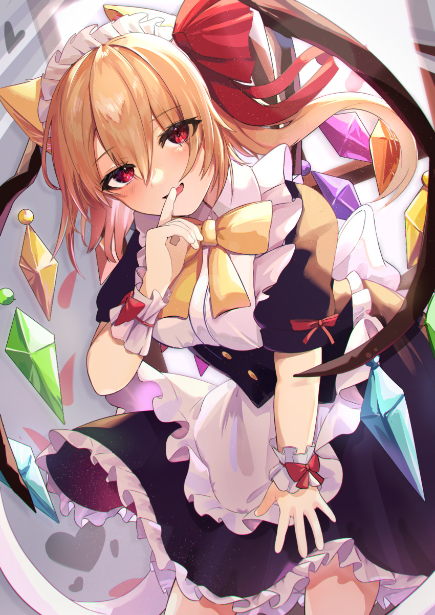 1girl absurdres alternate_costume animal_ears apron black_corset black_shirt black_skirt bow bowtie cat_ears cat_girl commentary_request corset cowboy_shot crystal enmaided finger_to_mouth flandre_scarlet frilled_apron frilled_skirt frills hair_ribbon hand_up highres long_hair looking_at_viewer maid maid_headdress open_mouth puffy_short_sleeves puffy_sleeves red_eyes red_ribbon ribbon sakuhara_kaka shirt short_sleeves skirt smile solo touhou white_apron window wings wrist_cuffs yellow_bow yellow_bowtie