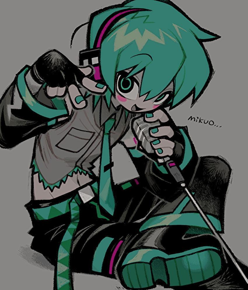 1boy absurdres aqua_belt aqua_eyes aqua_hair aqua_nails aqua_necktie bare_shoulders belt black_footwear black_gloves black_pants black_sleeves blue_belt blue_eyes blush_stickers boots cropped_legs detached_sleeves fingerless_gloves genderswap genderswap_(ftm) gloves grey_hair grey_shirt hatsune_mikuo headphones highres holding holding_microphone looking_at_viewer microphone midriff navel necktie open_mouth pants ringed_eyes shirt short_hair simple_background sitting sleeveless smile solo tonkatsu184 v vocaloid