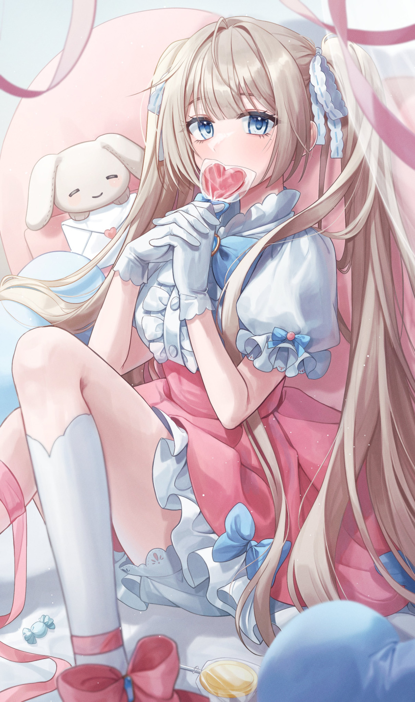 1girl absurdres blue_eyes brown_hair candy covering_mouth dress food gloves highres holding holding_candy holding_food holding_lollipop kneehighs knees_up lollipop long_hair looking_at_viewer mungg_kki original rabbit short_sleeves socks solo very_long_hair white_gloves