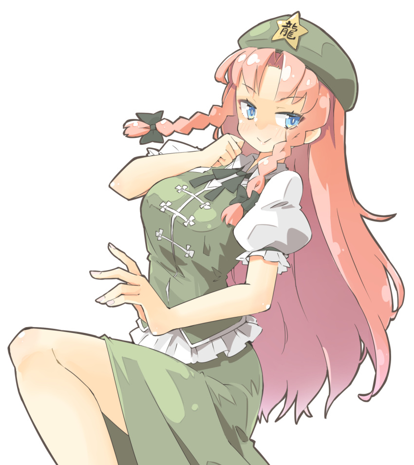 1girl arnest blue_eyes blush braid chinese_clothes closed_mouth collared_shirt green_headwear green_skirt green_vest hat hat_ornament highres hong_meiling long_hair puffy_short_sleeves puffy_sleeves redhead shirt short_sleeves simple_background skirt smile solo star_(symbol) star_hat_ornament touhou twin_braids vest white_background white_shirt