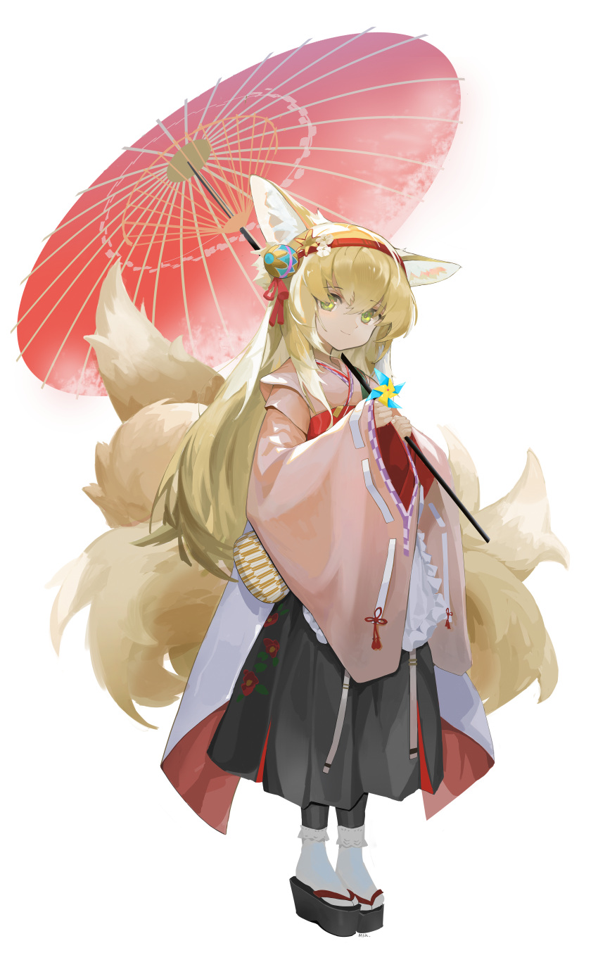 1girl absurdres animal_ear_fluff animal_ears arknights black_footwear black_skirt blonde_hair closed_mouth commentary_request fox_ears fox_girl fox_tail full_body hair_between_eyes hair_ornament hands_up highres holding holding_umbrella japanese_clothes kimono long_hair long_skirt looking_at_viewer obi oil-paper_umbrella pink_kimono sash simple_background skirt sleeves_past_wrists smile socks solo splitting0 standing suzuran_(arknights) tail tassel umbrella white_background white_socks wide_sleeves yellow_eyes