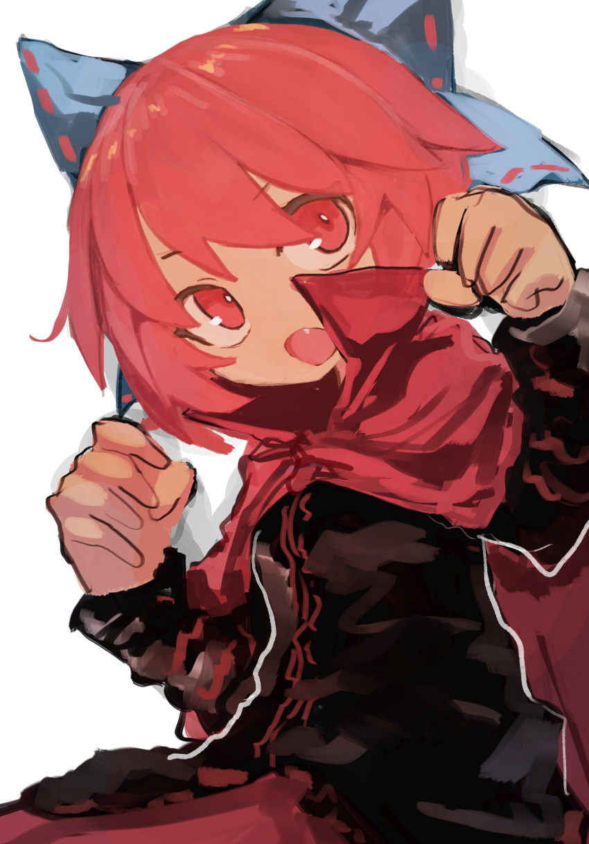 1girl 9302w_(user_wjpg8475) blue_bow bow clenched_hands cloak fang hair_bow highres long_sleeves looking_at_viewer open_mouth red_eyes redhead sekibanki simple_background solo touhou upper_body white_background