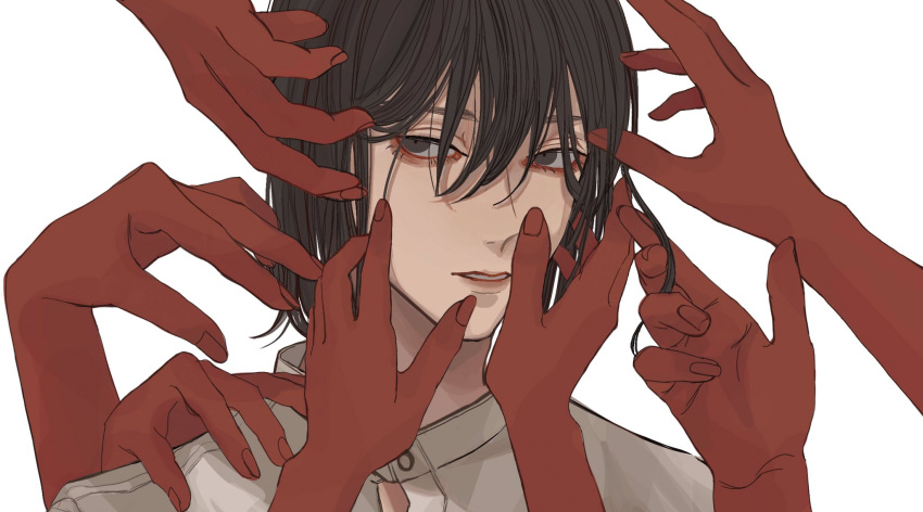 1boy 6+others bishounen black_hair colored_skin hand_in_another's_hair hand_on_another's_shoulder hands_on_another's_face highres kagoya1219 long_bangs looking_at_viewer male_focus multiple_others original out_of_frame parted_lips portrait red_skin shirt short_hair simple_background solo white_background white_shirt