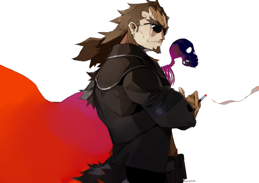 1boy absurdres black_jacket brown_hair cigarette facial_hair fate/apocrypha fate_(series) from_side goatee highres holding holding_cigarette jacket long_hair rathalosx4 red_background scar scar_across_eye shishigou_kairi signature skeleton smile smoke sunglasses two-tone_background white_background