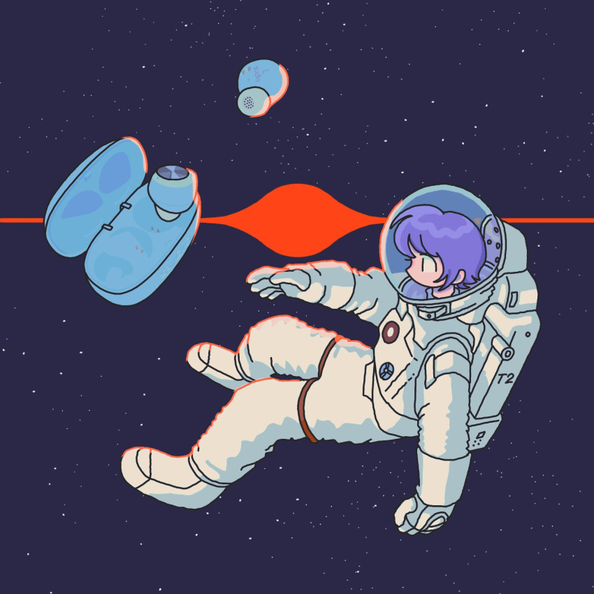 1other airpods androgynous astronaut floating gloves highres levitation looking_at_object msbt987 negative_space original profile purple_hair purple_sky short_hair sky solo space space_helmet spacecraft star_(sky) starry_sky white_gloves wireless_earphones zero_gravity