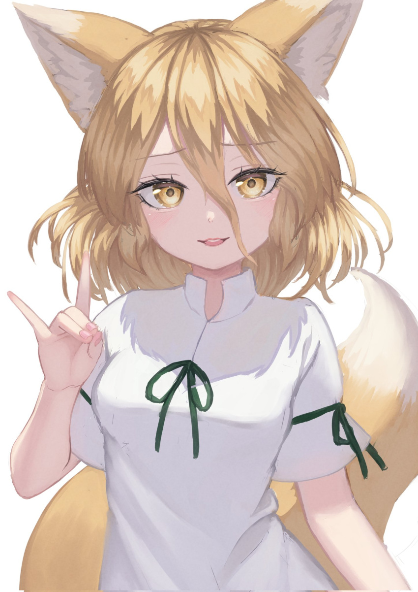 1girl animal_ear_fluff animal_ears blonde_hair breasts commentary_request fox_ears fox_shadow_puppet fox_tail green_ribbon hair_between_eyes hand_up highres kudamaki_tsukasa light_blush light_smile looking_at_viewer medium_hair parted_lips raised_eyebrows ribbon short_sleeves simple_background small_breasts solo tail teeth touhou upper_body upper_teeth_only white_background white_romper yellow_eyes yuha_(kanayuzu611)