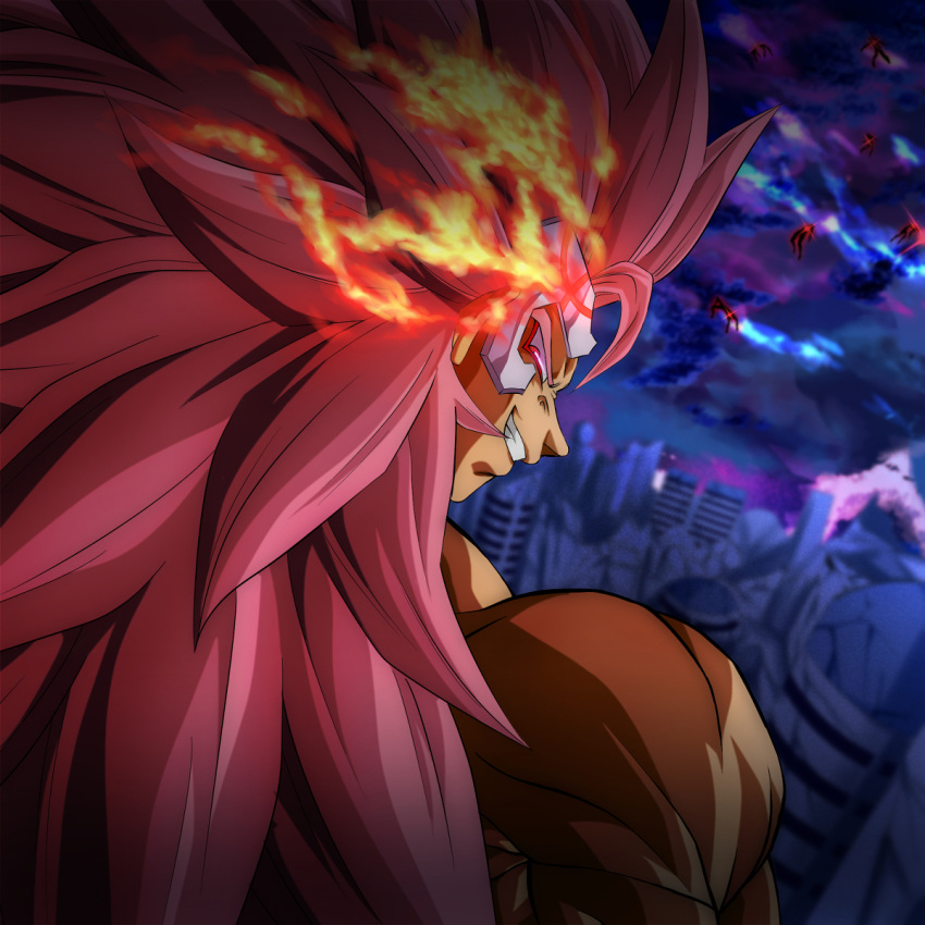 1boy crimson-masked_saiyan dragon_ball dragon_ball_heroes fire flame goku_black highres non-web_source pink_hair red_eyes spiky_hair super_saiyan super_saiyan_rose super_saiyan_rose_full_power time_breaker_mask