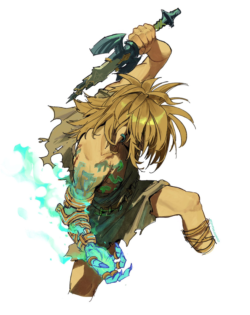 1boy blonde_hair broken broken_sword broken_weapon cropped_legs earrings edpan glowing highres holding holding_sword holding_weapon jewelry link long_hair male_focus master_sword pointy_ears ring shoulder_tattoo simple_background single_bare_shoulder solo sword tattoo the_legend_of_zelda the_legend_of_zelda:_tears_of_the_kingdom torn_tunic tunic weapon white_background