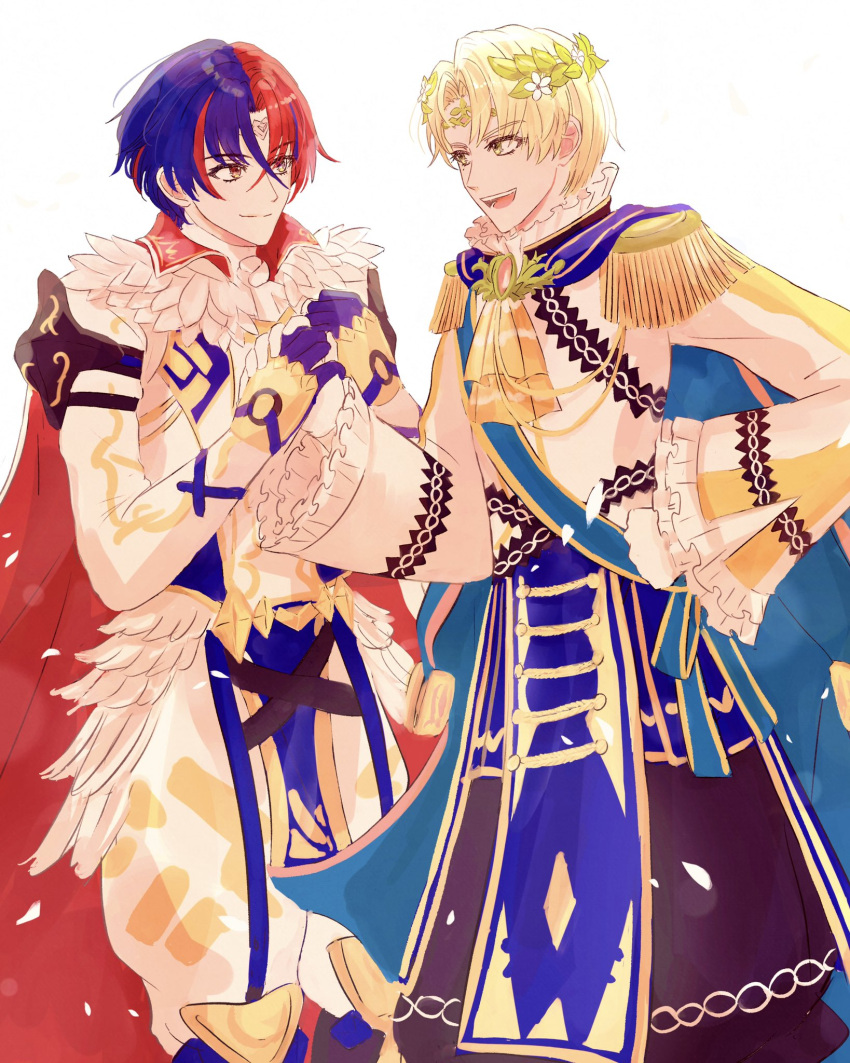 2boys alear_(fire_emblem) alear_(male)_(fire_emblem) alfred_(fire_emblem) ascot blonde_hair blue_eyes blue_hair cape circlet closed_mouth feather_trim fire_emblem fire_emblem_engage frills gloves green_eyes hair_between_eyes hair_ornament heterochromia highres kino40346033 long_sleeves male_focus multicolored_hair multiple_boys open_mouth red_eyes redhead short_hair smile two-tone_hair white_background yellow_ascot