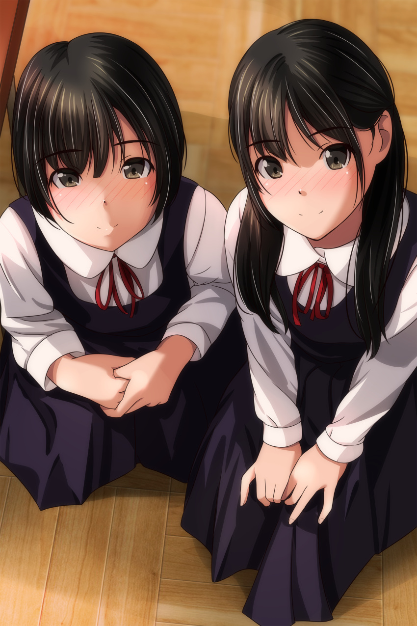 2girls absurdres black_dress black_hair blush brown_eyes closed_mouth collared_shirt dress from_above highres indoors long_hair long_sleeves looking_at_viewer looking_up matsunaga_kouyou multiple_girls neck_ribbon nose_blush original own_hands_together pinafore_dress pleated_dress red_ribbon ribbon school_uniform shirt sleeveless sleeveless_dress smile squatting white_shirt wooden_floor
