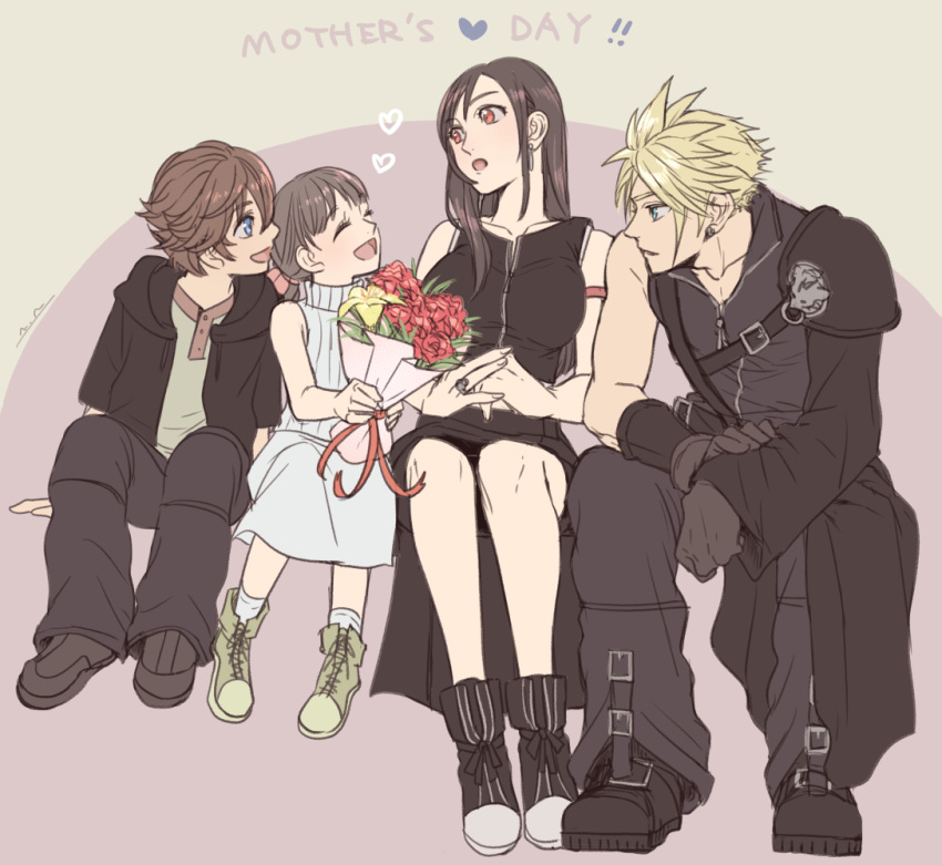 2boys 2girls apron armor bare_shoulders belt belt_buckle black_apron black_footwear black_gloves black_hair black_pants black_shorts black_sleeves black_vest blonde_hair blue_eyes bouquet breasts brown_hair buckle cloud_strife collarbone crop_top denzel detached_sleeves earrings family female_child final_fantasy final_fantasy_vii final_fantasy_vii_advent_children flower full_body gloves heart high_collar holding holding_bouquet invisible_chair jewelry large_breasts long_hair looking_at_another male_child marlene_wallace mother's_day multiple_belts multiple_boys multiple_girls nidou_(rechlo) open_mouth own_hands_together pants red_eyes red_flower red_ribbon red_rose ribbon ring rose short_hair shorts shoulder_armor single_bare_shoulder single_detached_sleeve single_earring sitting skirt sleeveless sleeveless_turtleneck smile socks spiky_hair stud_earrings sweater swept_bangs teardrop_earring tifa_lockhart turtleneck turtleneck_sweater vest waist_apron white_skirt white_socks yellow_flower