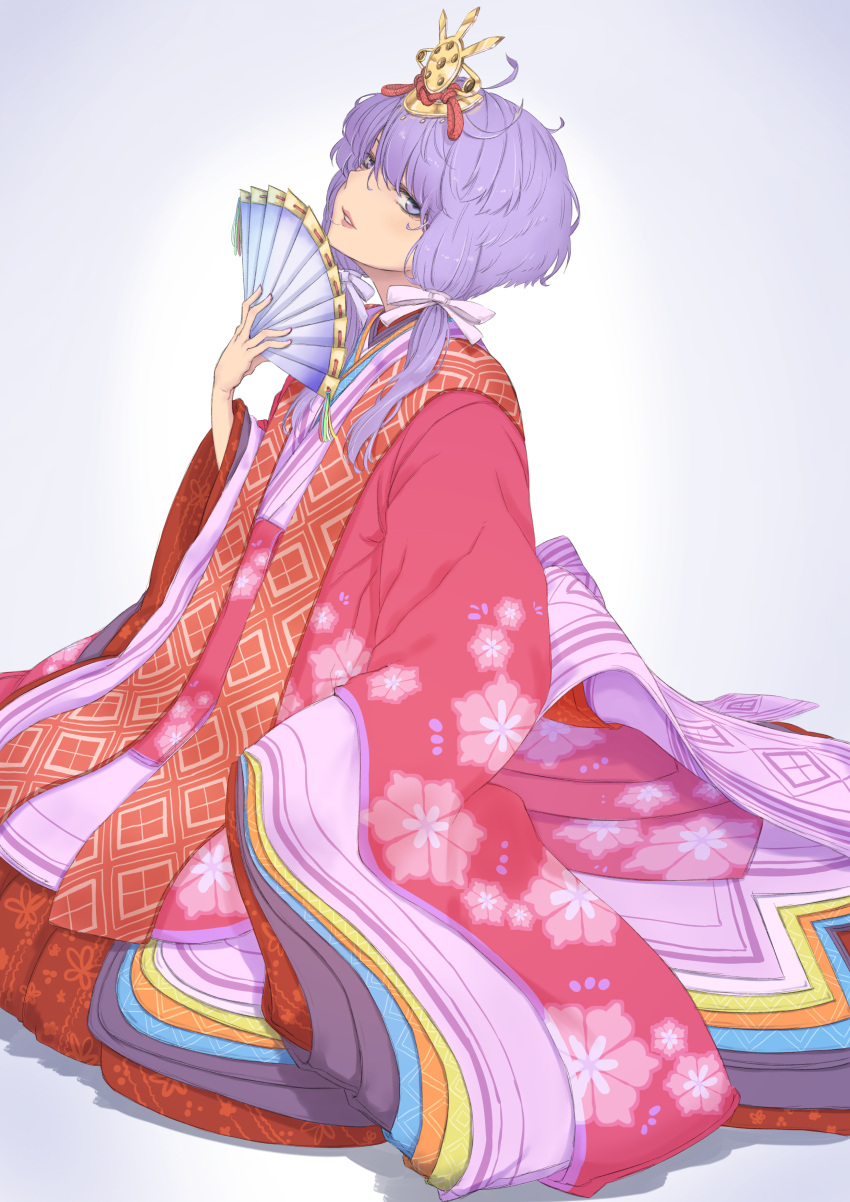 1girl absurdres alternate_costume commentary_request hair_ribbon hakama half-closed_eyes hand_fan hand_up head_back highres hirabitai holding holding_fan japanese_clothes karaginu_mo kimono layered_clothes layered_kimono lipstick looking_at_viewer looking_to_the_side makeup multicolored_clothes multicolored_kimono parted_lips purple_hair red_hakama ribbon seiza shiratama_(siratama5656) sitting solo violet_eyes vocaloid voiceroid white_background wide_sleeves yuzuki_yukari