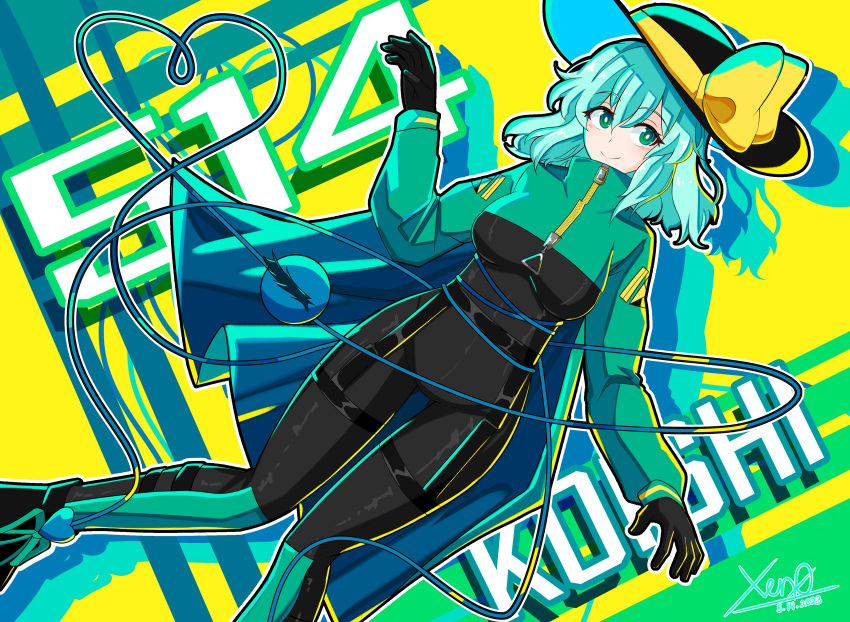 1girl absurdres aqua_hair black_headwear blush bodysuit bow breasts bright_pupils cloak closed_mouth dutch_angle eyeball feet_out_of_frame green_cloak hat hat_bow hat_ribbon heart heart_of_string highres komeiji_koishi light_green_hair looking_to_the_side medium_breasts medium_hair ribbon smile solo third_eye touhou turtleneck white_pupils wide_hips xen0moonz yellow_bow yellow_ribbon