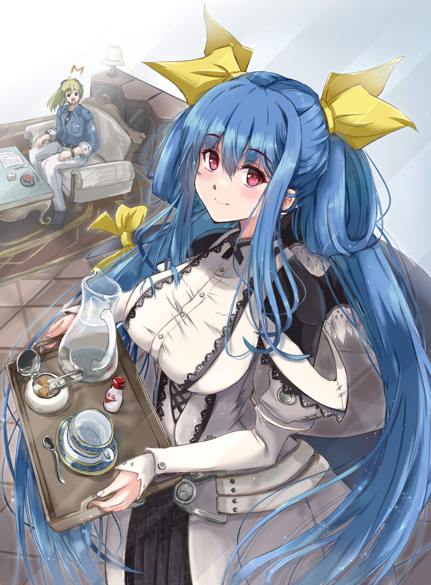 1boy 1girl anniversary belt blue_hair breasts casual closed_mouth cup detached_sleeves dizzy_(guilty_gear) dress english_commentary frilled_dress frills guilty_gear guilty_gear_xrd hair_between_eyes hair_rings highres holding holding_tray husband_and_wife indoors ky_kiske large_breasts long_hair long_sleeves looking_at_viewer maid mature_female mother's_day nt50 off-shoulder_dress off_shoulder red_eyes ribbon sidelocks sitting smile spoon sugar_cube table teacup tray twintails water yellow_ribbon